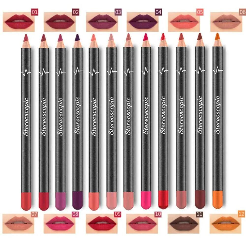 12Pcs Women Waterproof Lipstick Long Lasting Matte Lip Liner Pencil Lip Pen Set